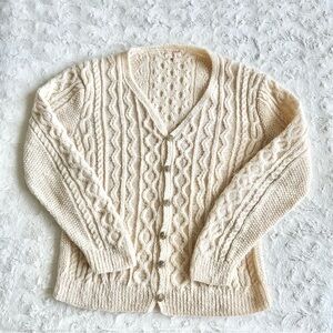 Vintage Cable Knit Cardigan Sweater Womens Large Cream Wool 90s 80s Fisherman